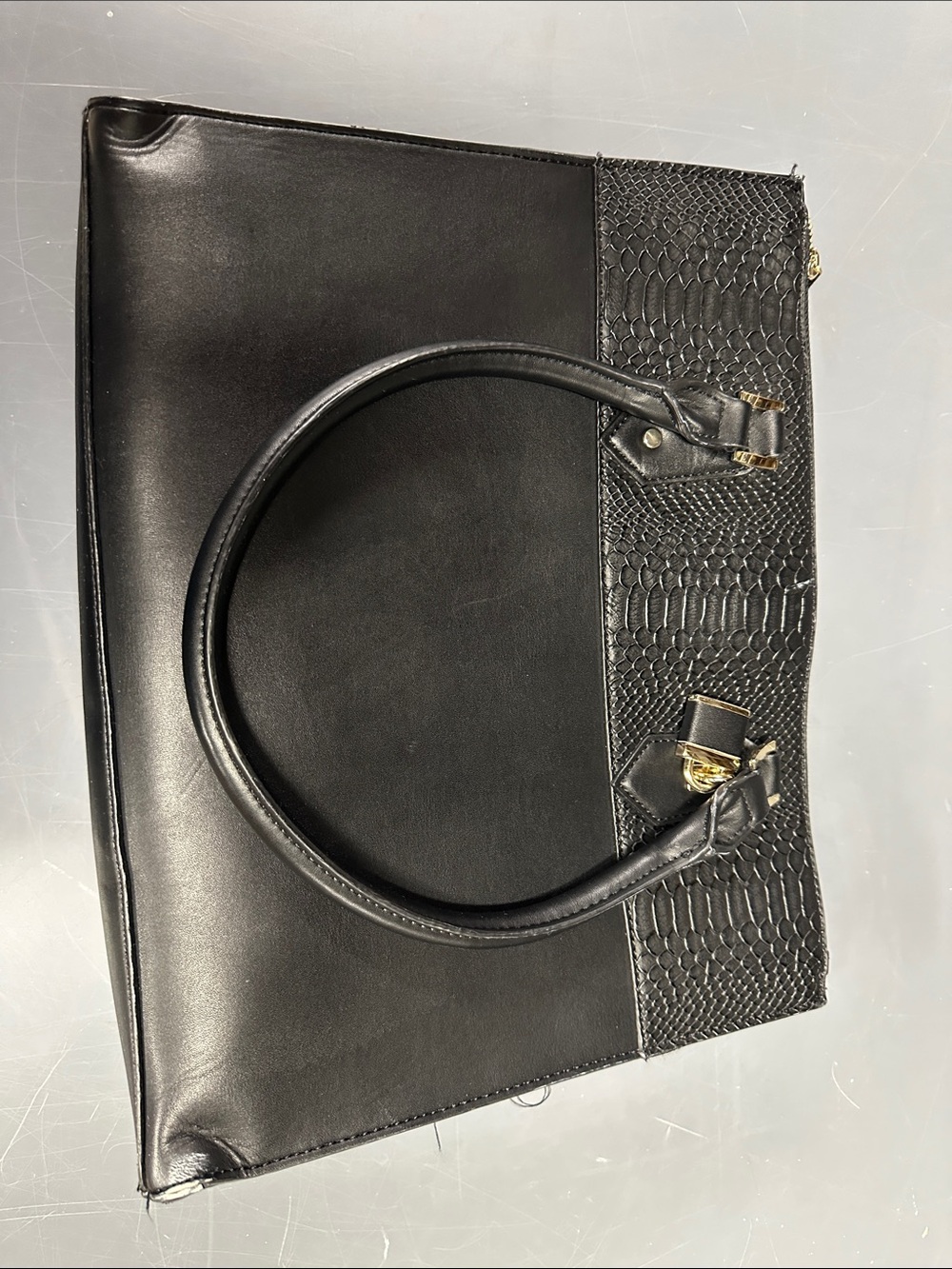 Classic Black Tote Handbag - Sleek Croc-Trim Design